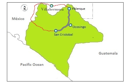 Map of road from San Cristobal to Palenque Chiapas Mexico